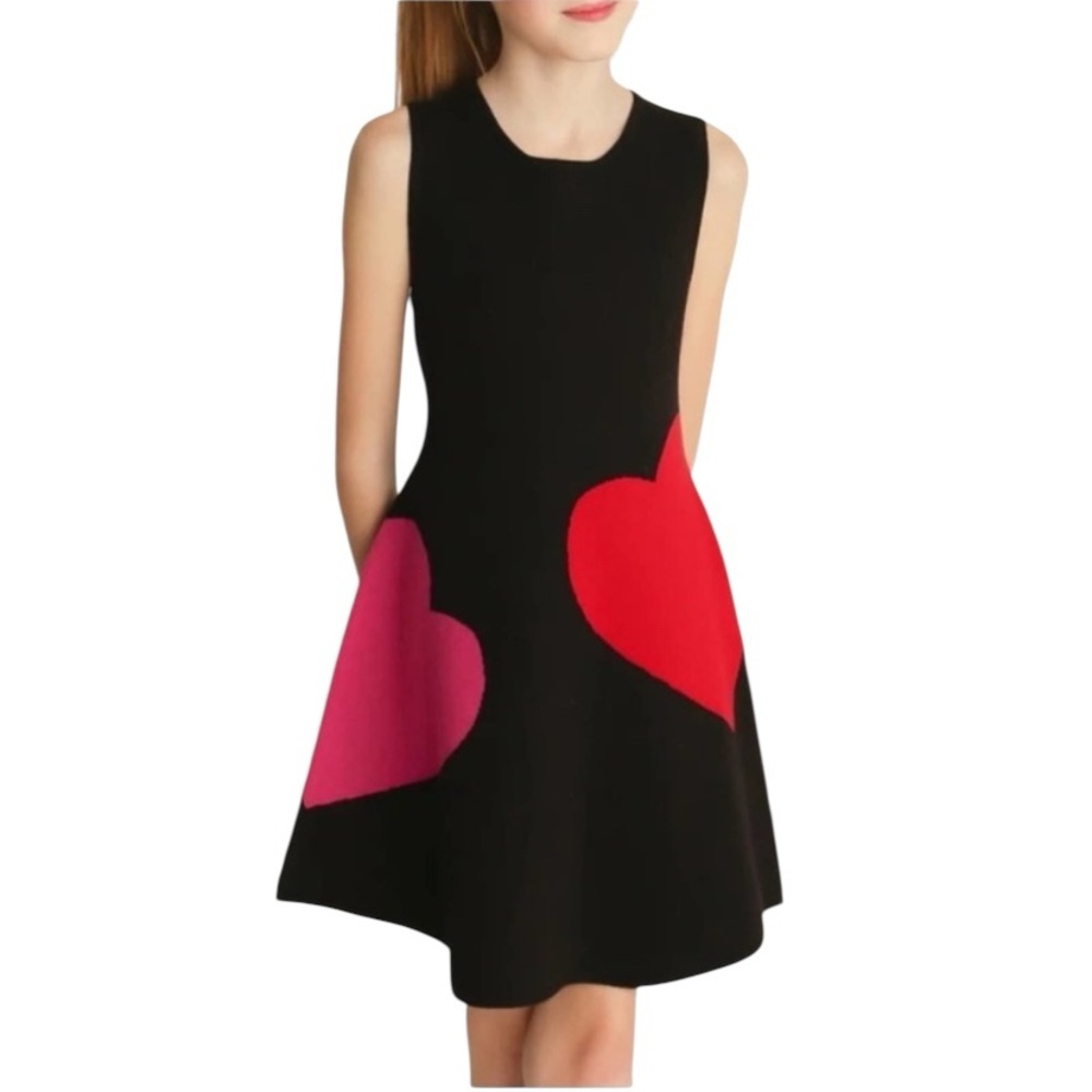 Girl’s Pink Thread Sweater Dress. Like New. Black, Red & Pink Hearts. Sz. 14/16.